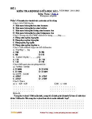 65 Đề kiểm tra Giữa học kì I môn Toán Lớp 4 - Năm học 2011-2012